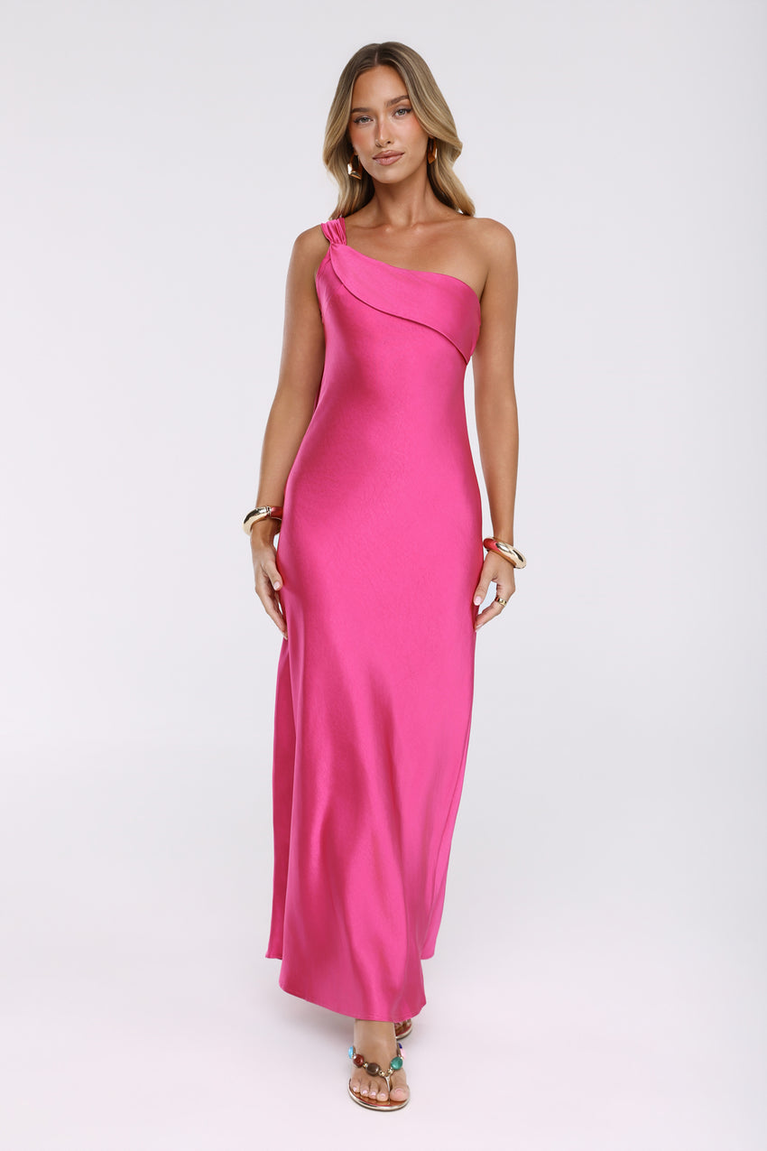 Romantic Tales Satin One Shoulder Maxi Dress Hot Pink