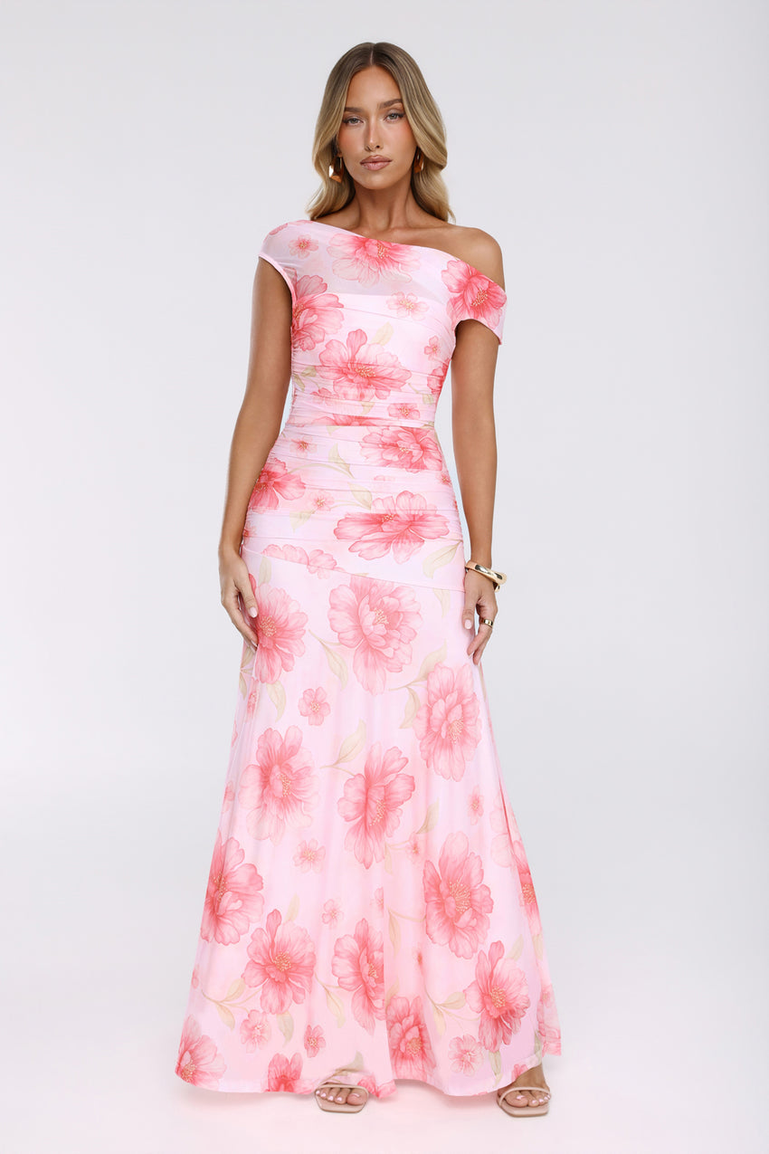Florals Like You Off Shoulder Mesh Maxi Dress Pink