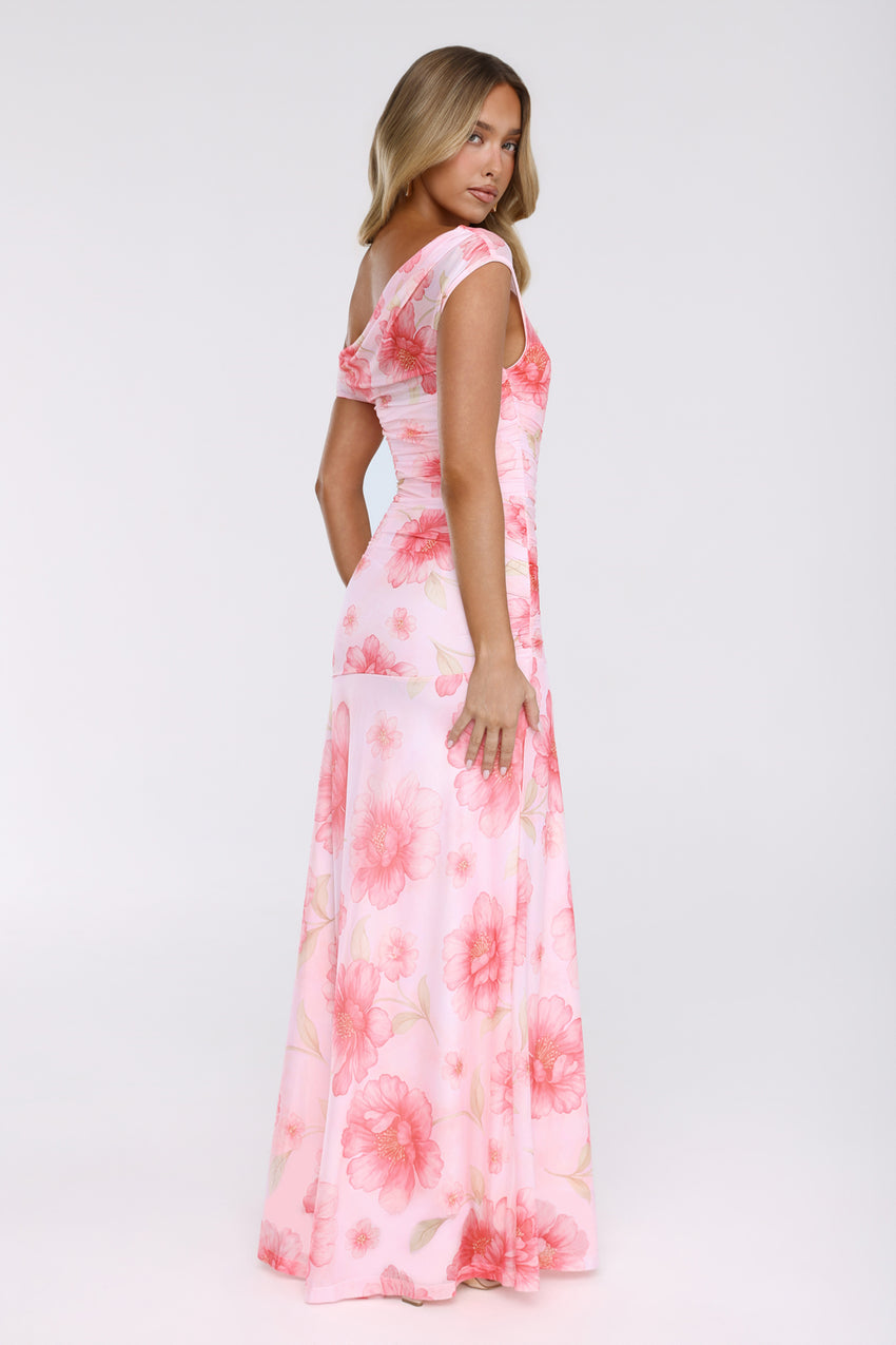 Florals Like You Off Shoulder Mesh Maxi Dress Pink