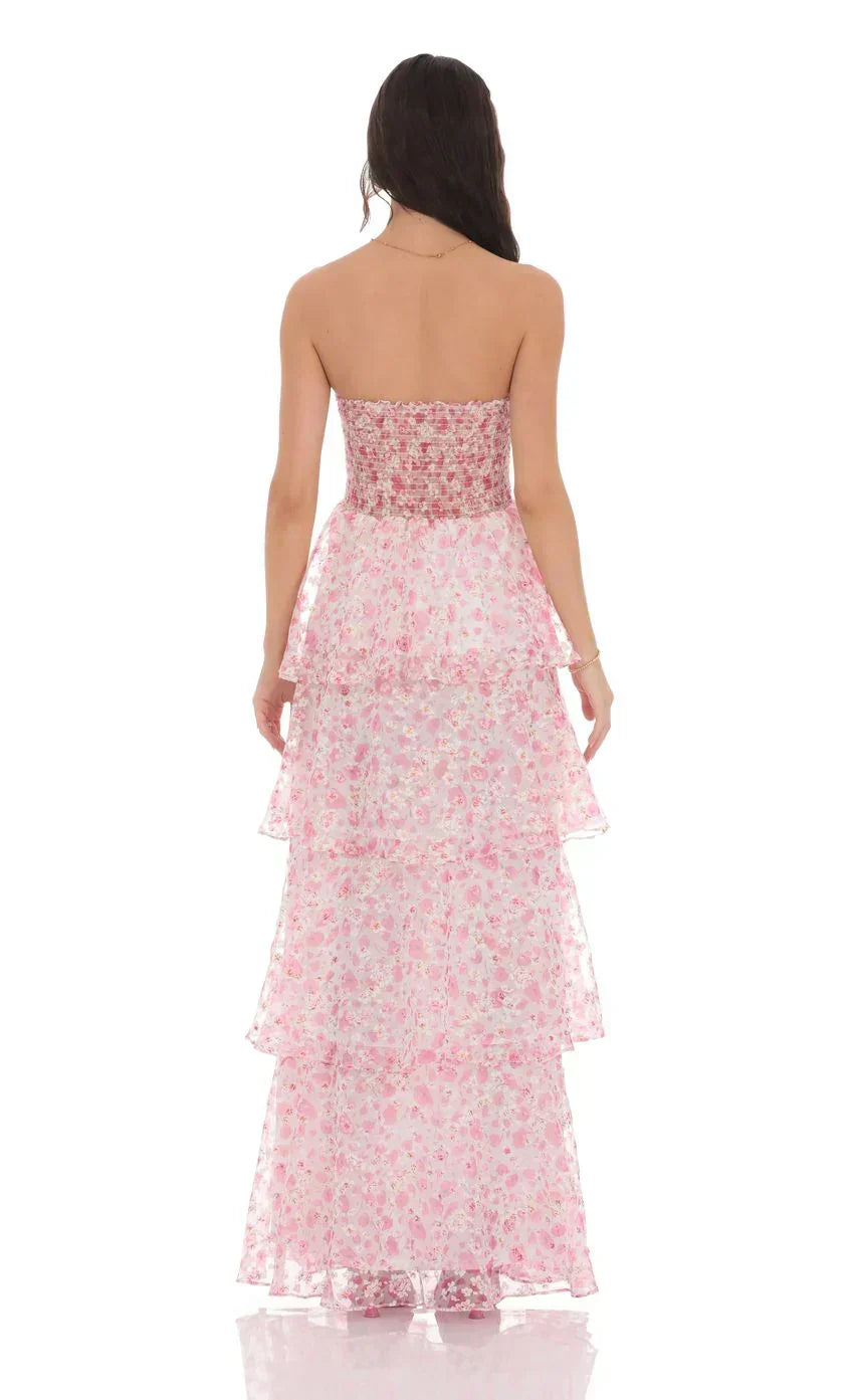 Smocked Floral Ruffle Maxi Dress In Pink