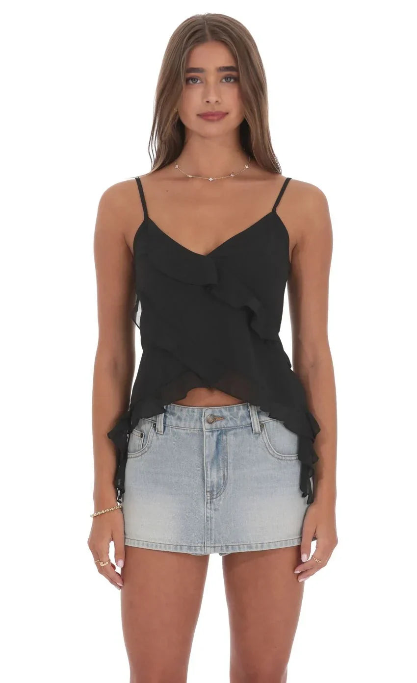 Ruffle Tassel Top In Black