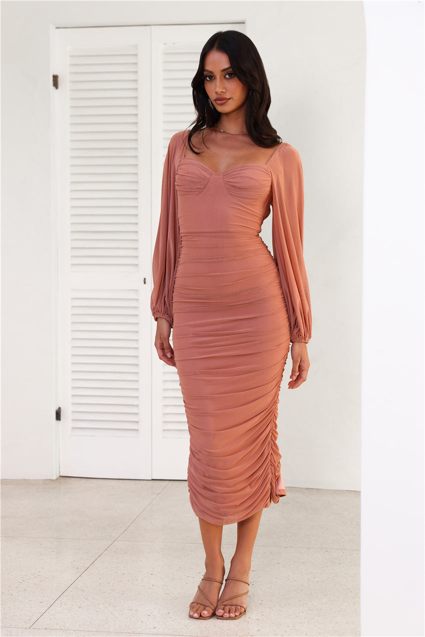Move To The Music Long Sleeve Mesh Midi Dress Chocolate