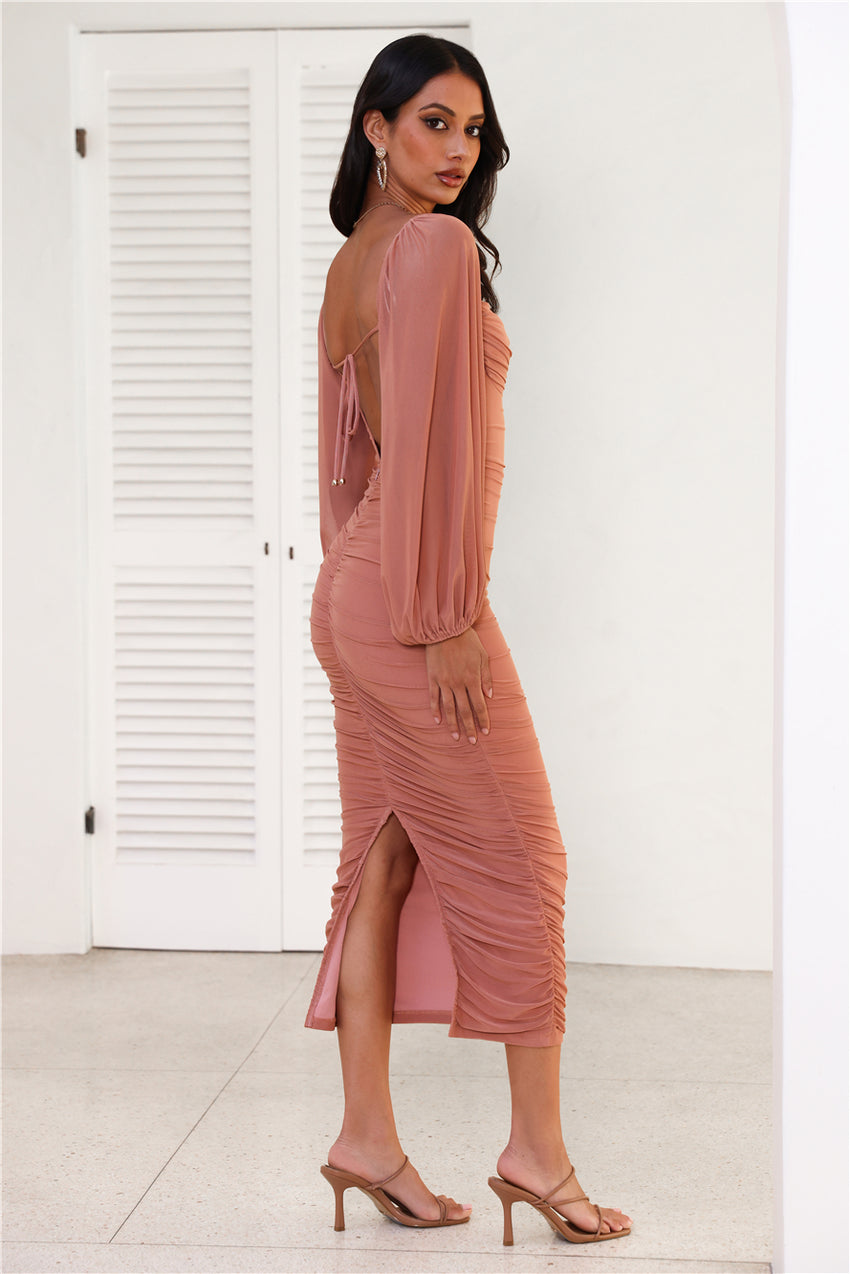 Move To The Music Long Sleeve Mesh Midi Dress Chocolate