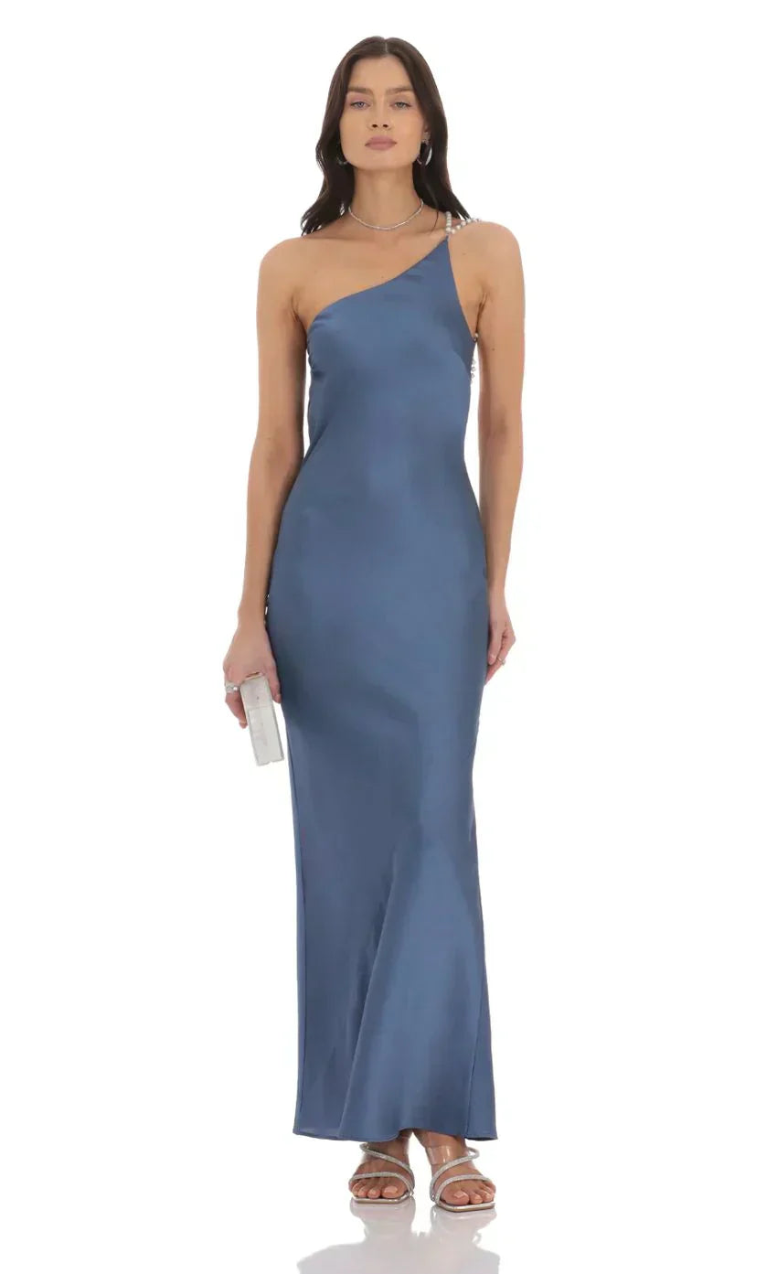 One Shoulder Pearl Satin Maxi Dress In Slate Blue