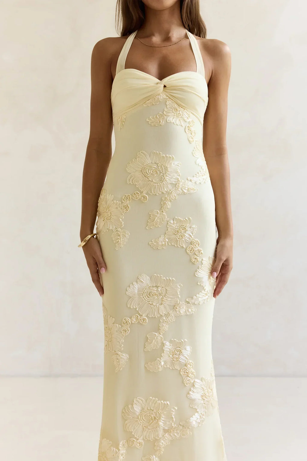 Skybloom Mesh Halter Maxi Dress Yellow