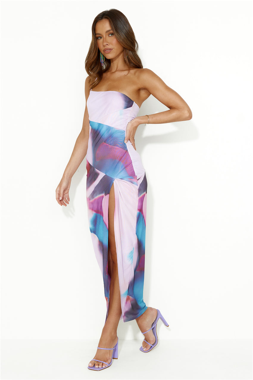 Space Between Mesh One Shoulder Maxi Dress Purple