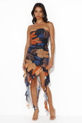 Space Apart Strapless Mesh Frill Midi Dress Black