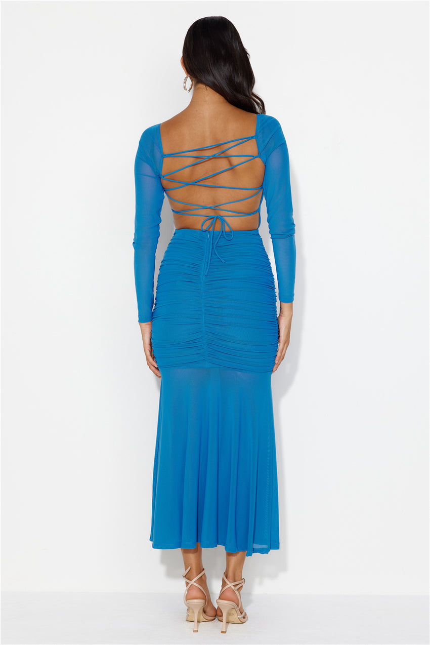 Grand Gesture Long Sleeve Mesh Maxi Dress Blue