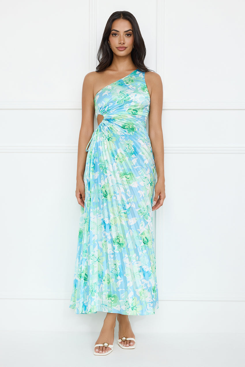 Emerald Ice One Shoulder Satin Pleated Maxi Dress Blue