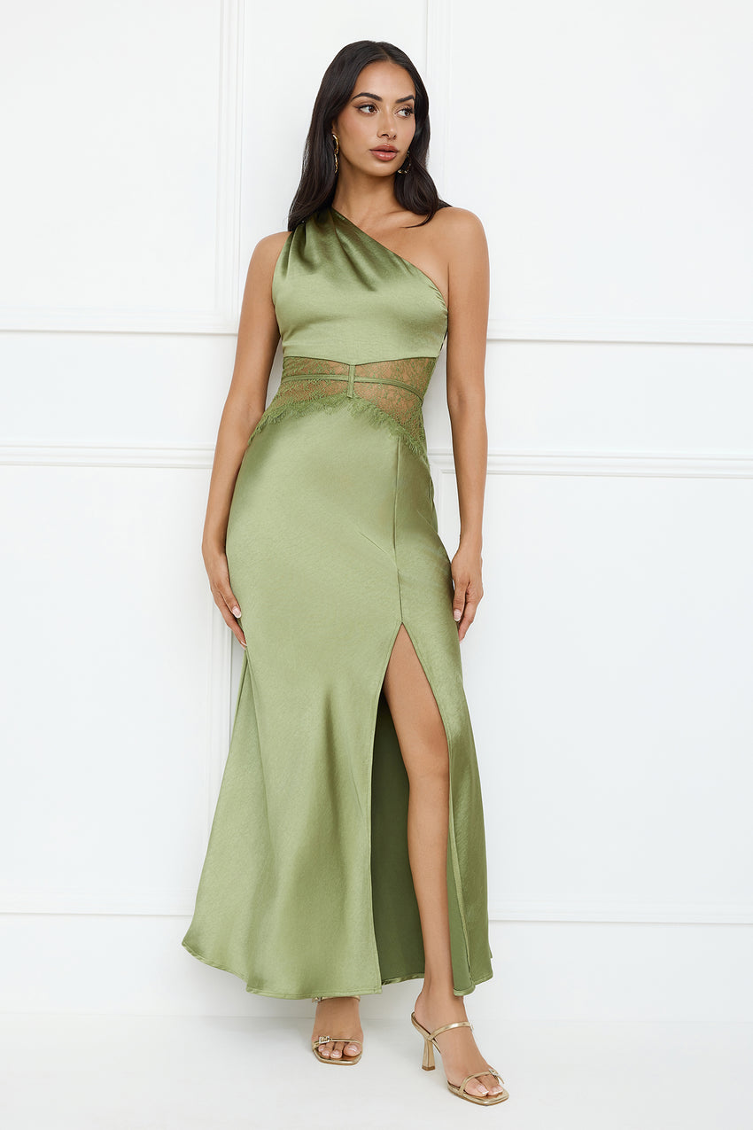 Show You Love One Shoulder Satin Maxi Dress Green