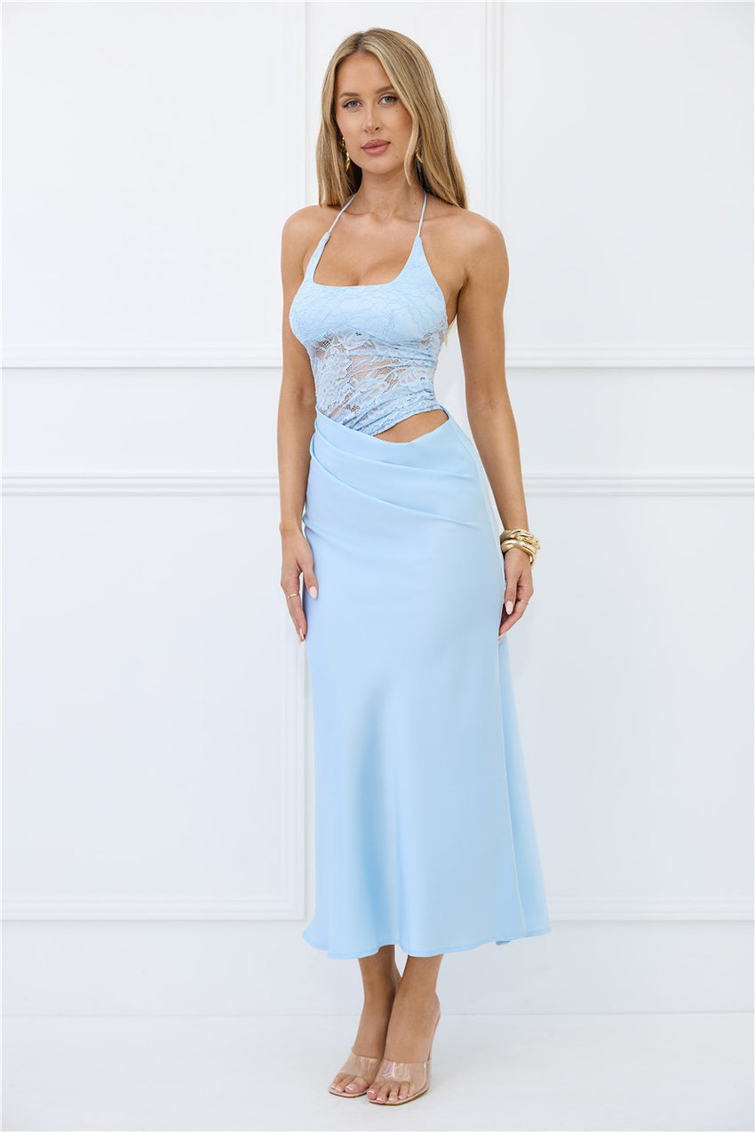 Radiate Positivity Halter Lace Maxi Dress Blue