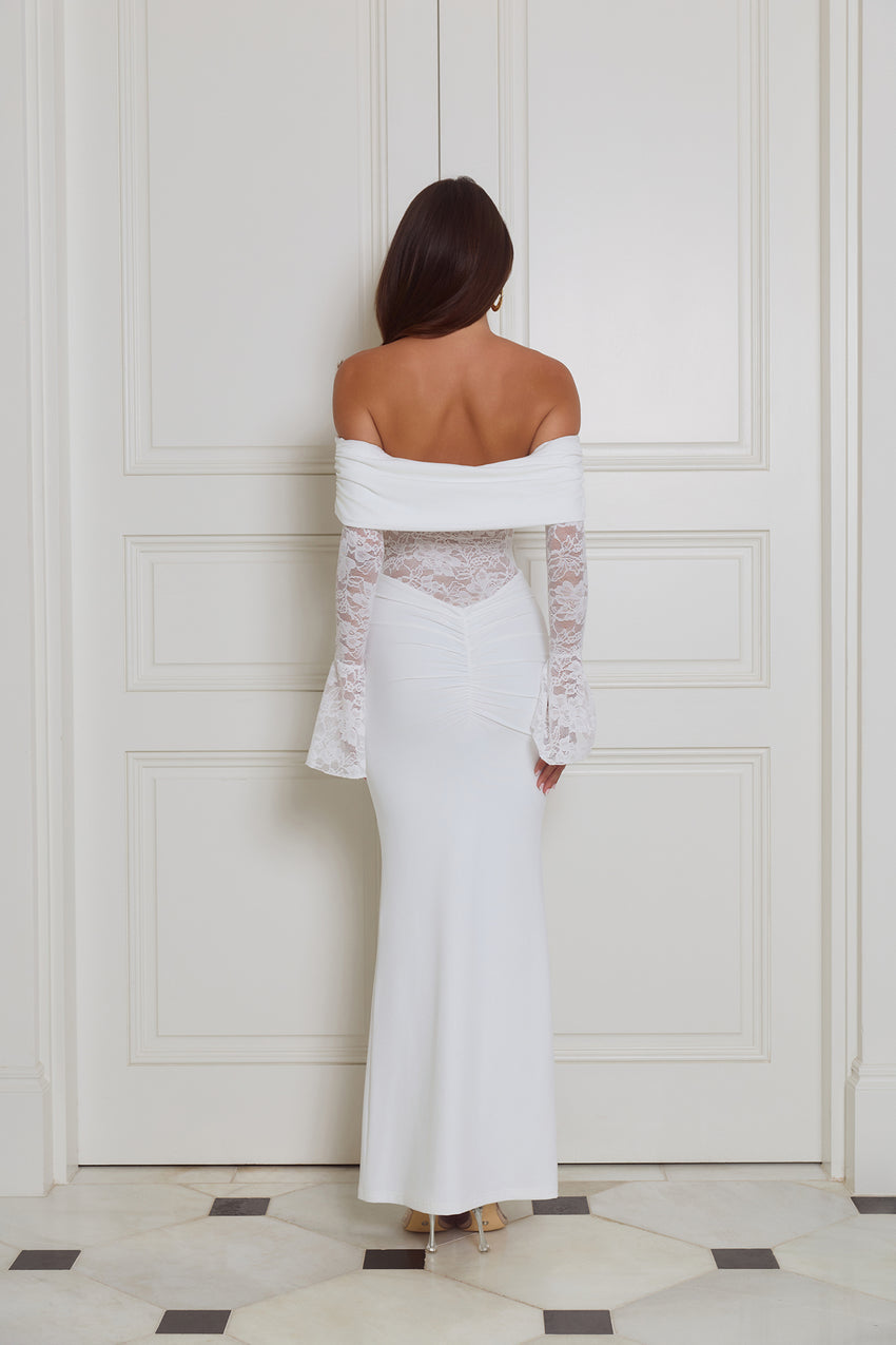 Luxe Temptress Off Shoulder Maxi Dress White