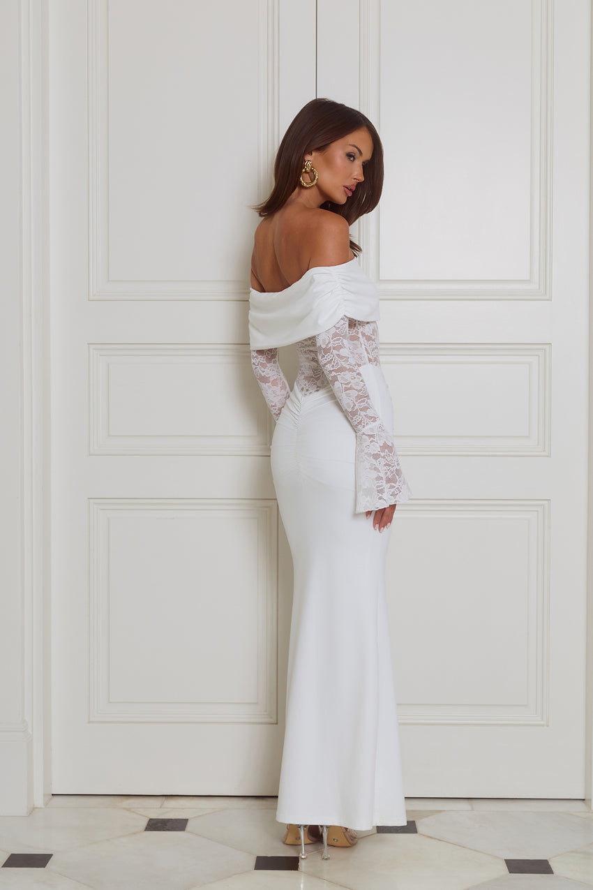 Luxe Temptress Off Shoulder Maxi Dress White