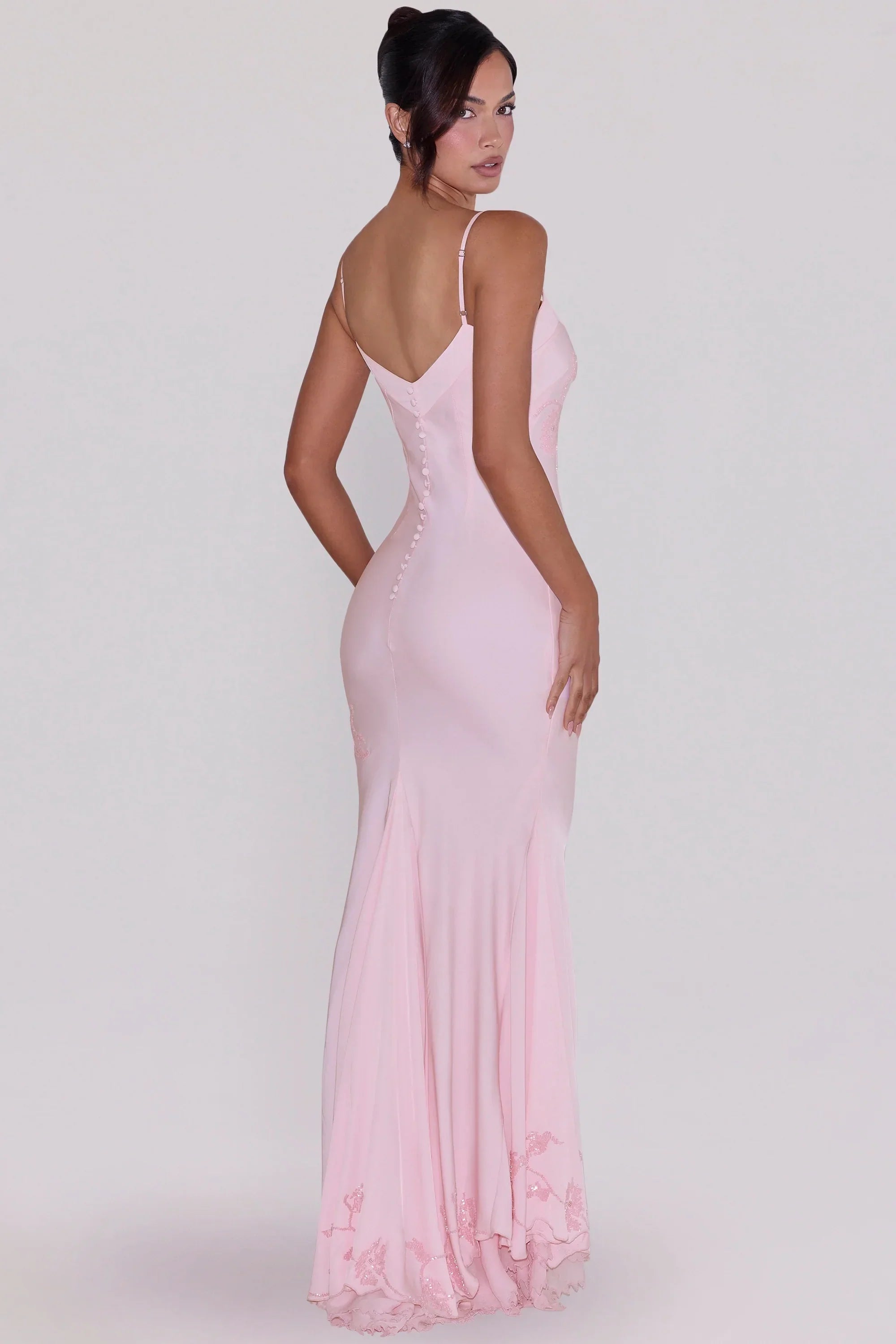 Pink Hand Beaded Embellished Satin Maxi Dress