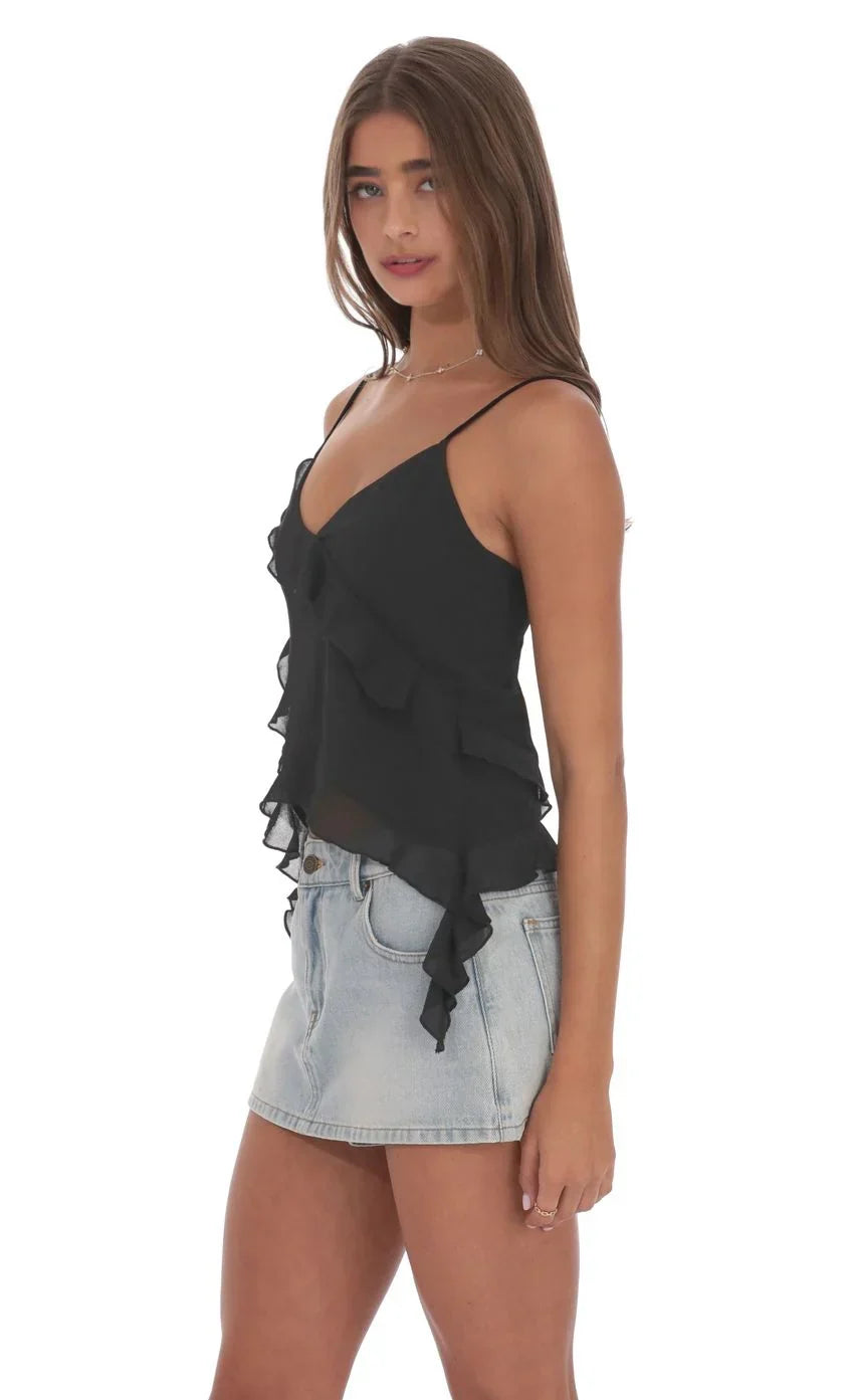 Ruffle Tassel Top In Black