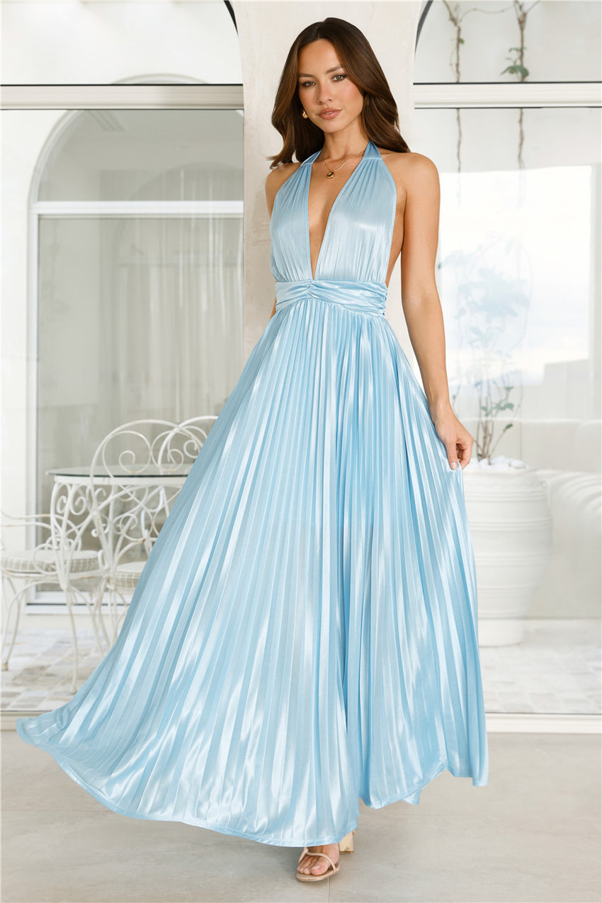 Shimmering Sea Pleated Halter Maxi Dress Blue