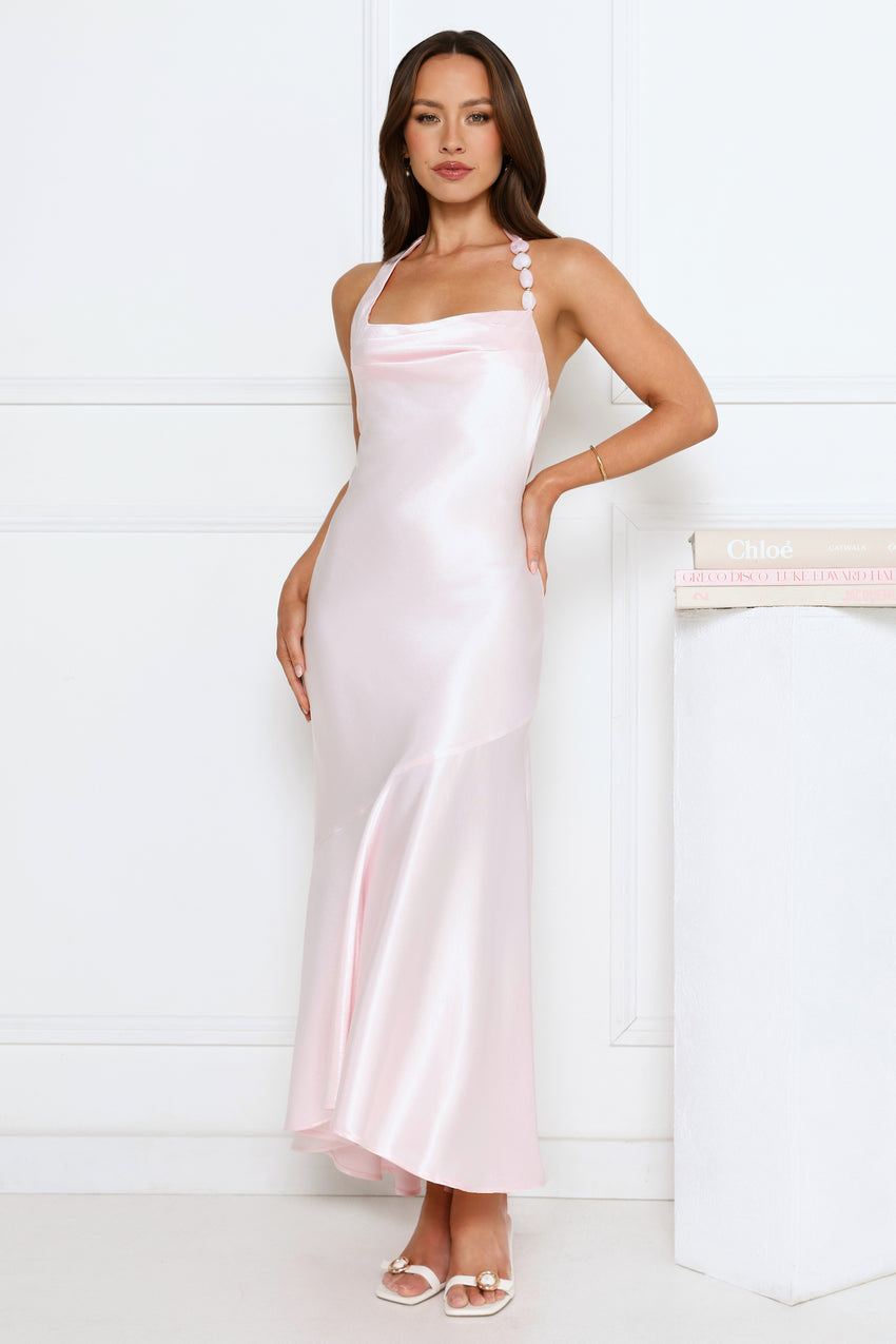 Shimmer Crystal Satin Halter Maxi Dress Pink