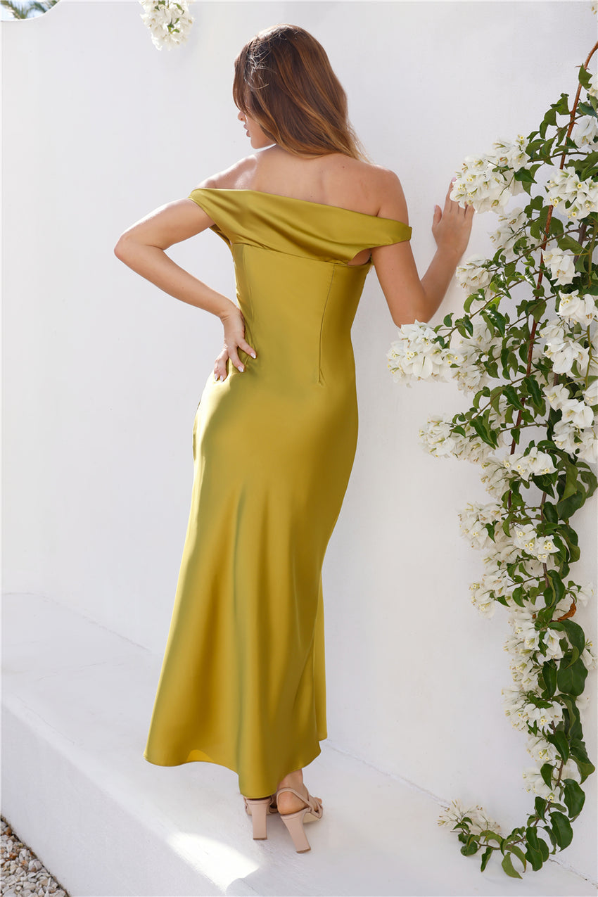 Stylish Season Off Shoulder Satin Midi Dress Olive