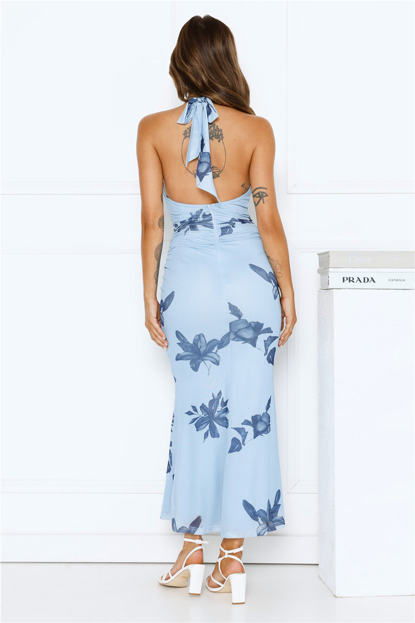 Petal Dusk Mesh Halter Maxi Dress Blue