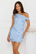 Poetry In Bloom Off Shoulder Mini Dress Blue