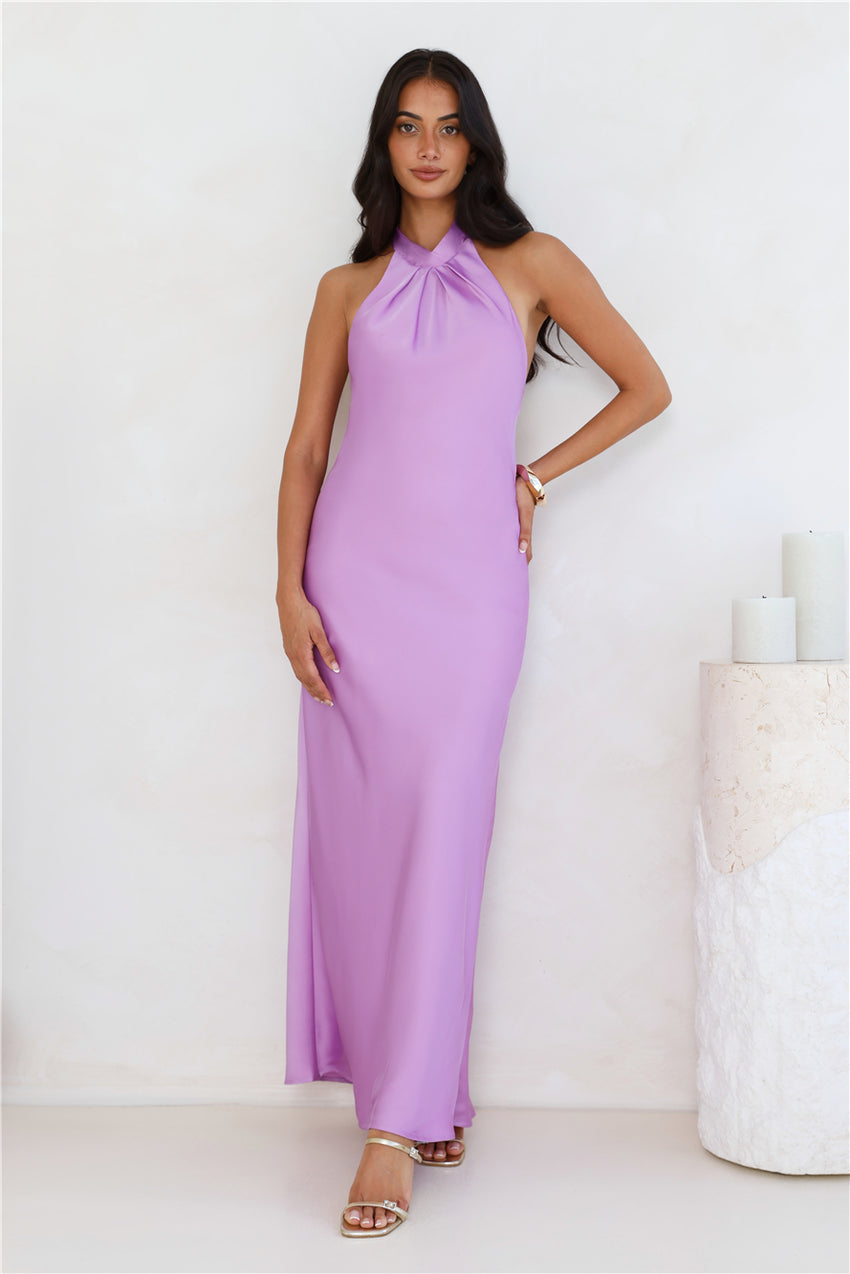 Delicate Dazzle Halter Satin Maxi Dress Purple