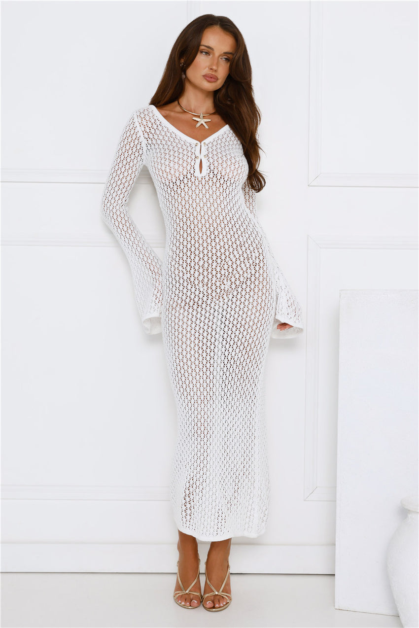Sailing Into Sunset Knit Long Sleeve Maxi Dress White