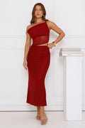 Shimmering Edge Off Shoulder Mesh Maxi Dress Burgundy