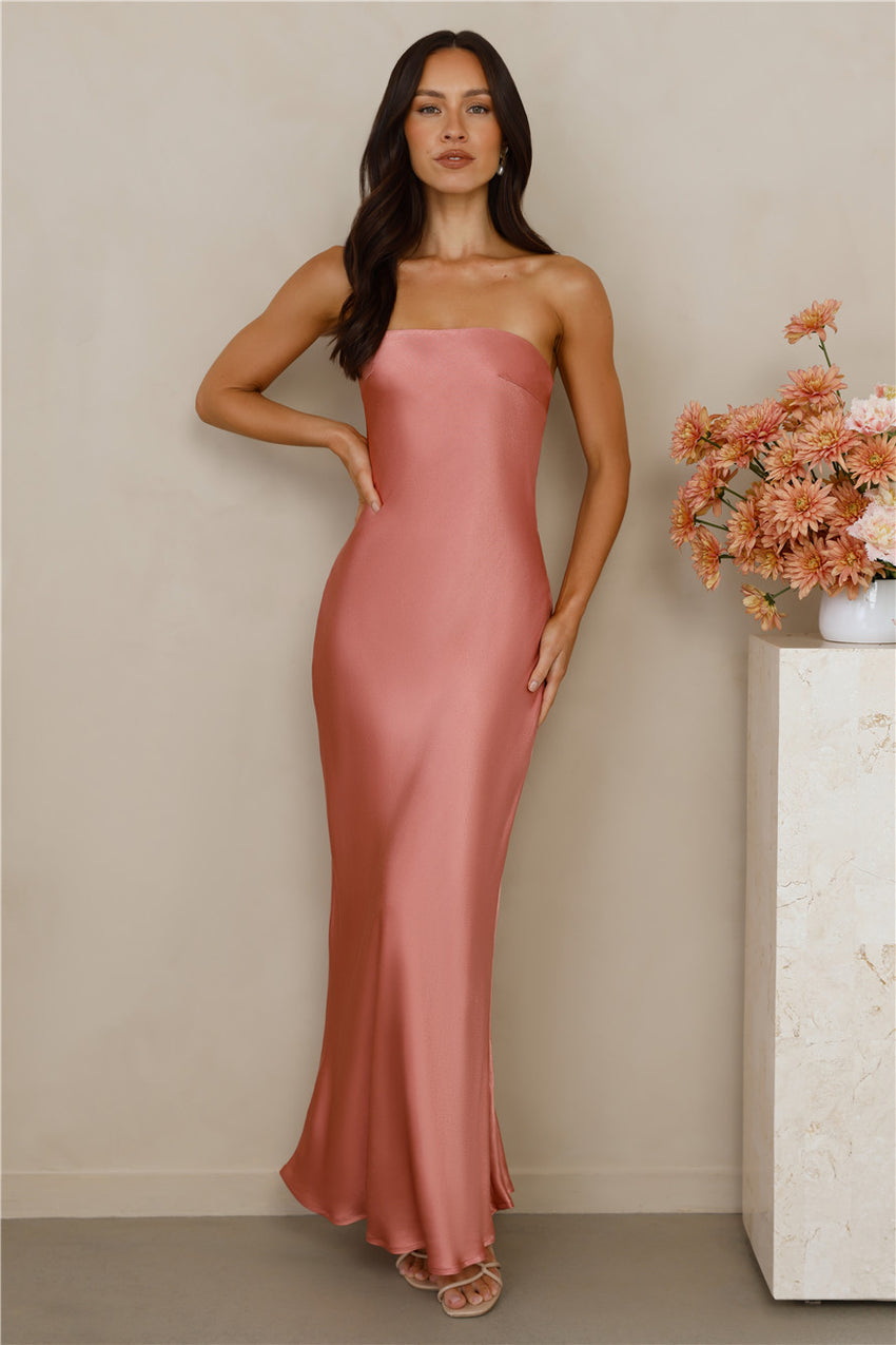 The Felicity Strapless Satin Maxi Dress Rose