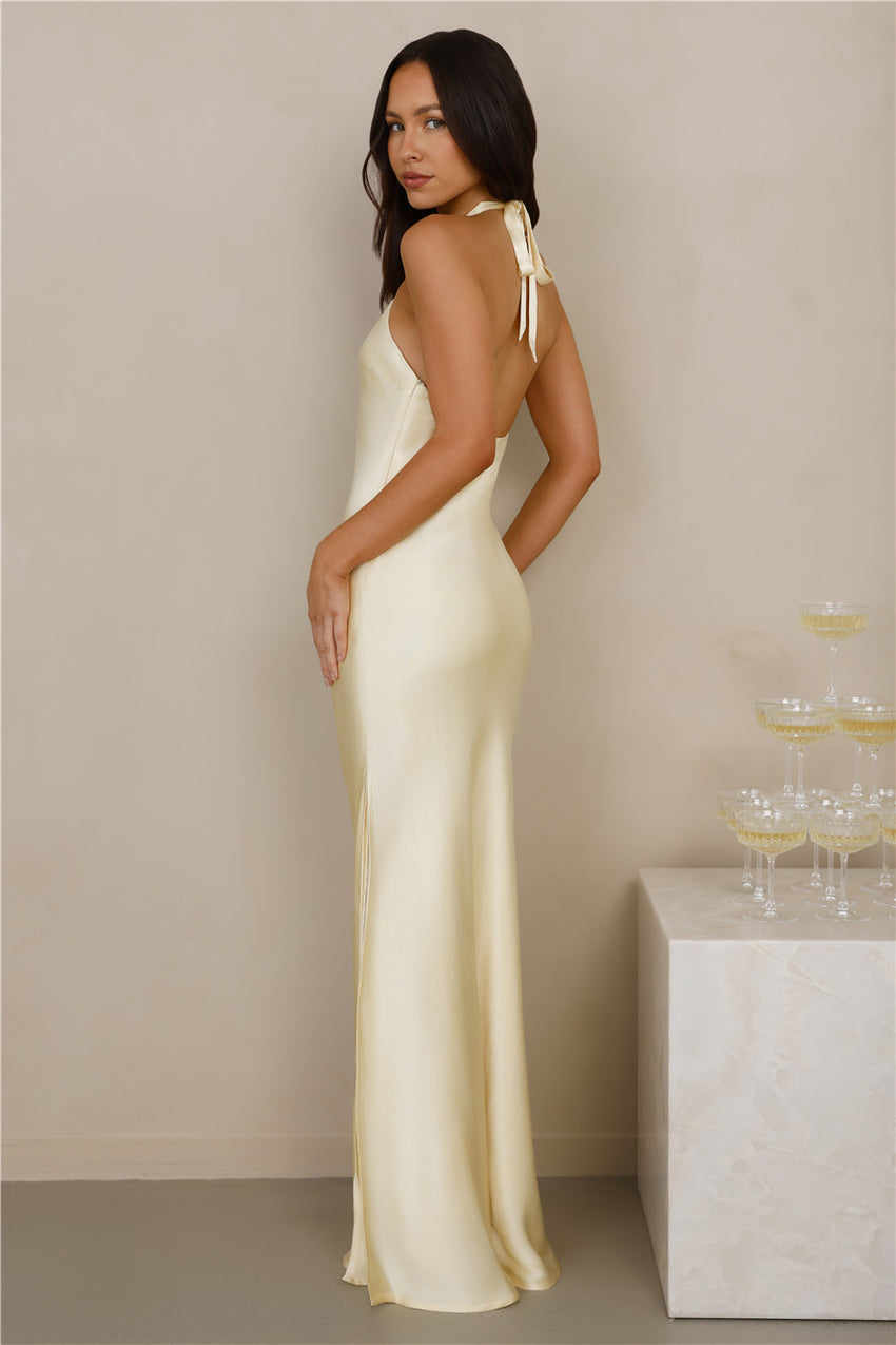The Delilah Satin Halter Maxi Dress Yellow