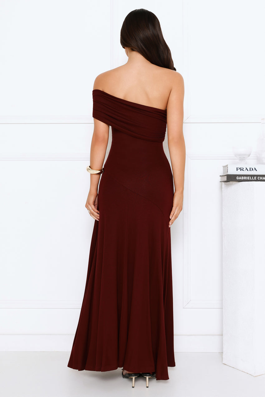 Dewdrop Daze One Shoulder Maxi Dress Burgundy