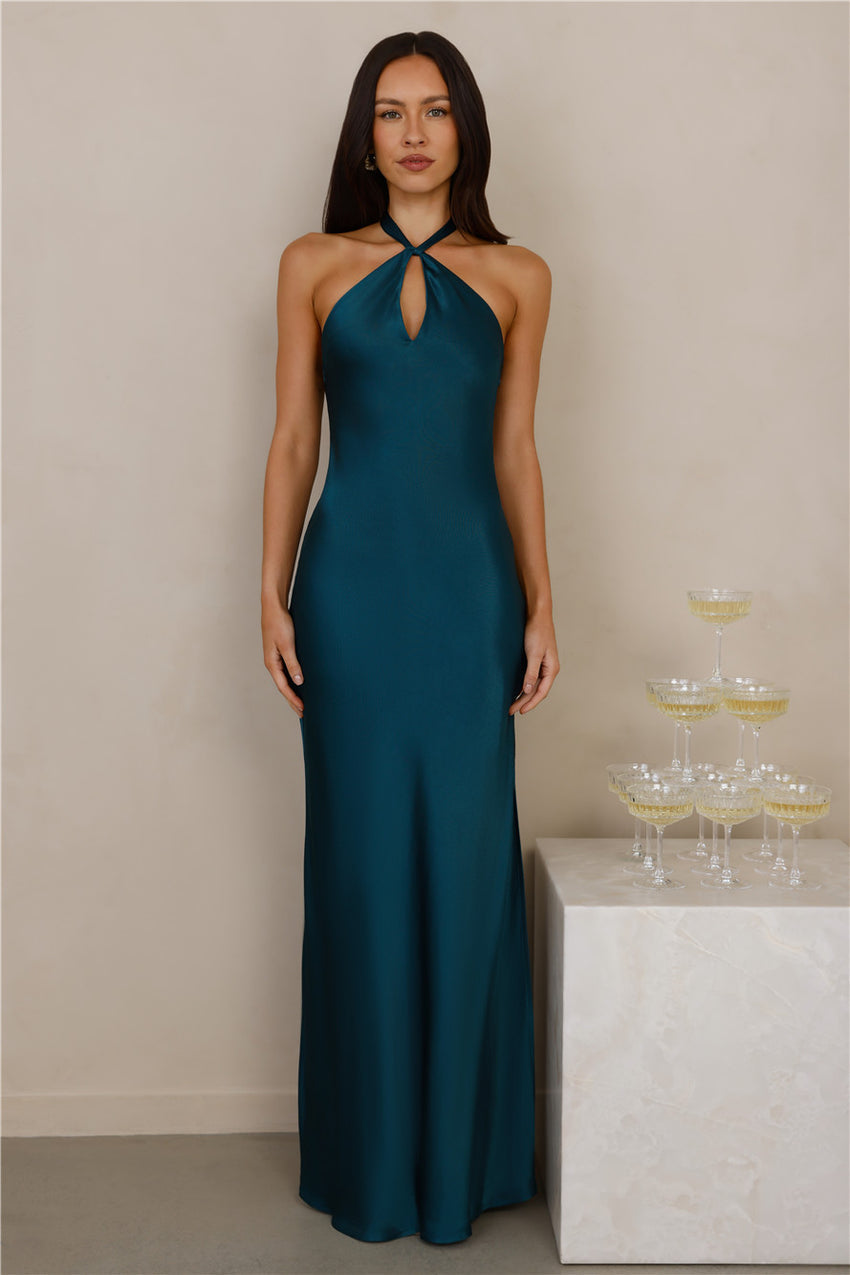 The Delilah Satin Halter Maxi Dress Teal
