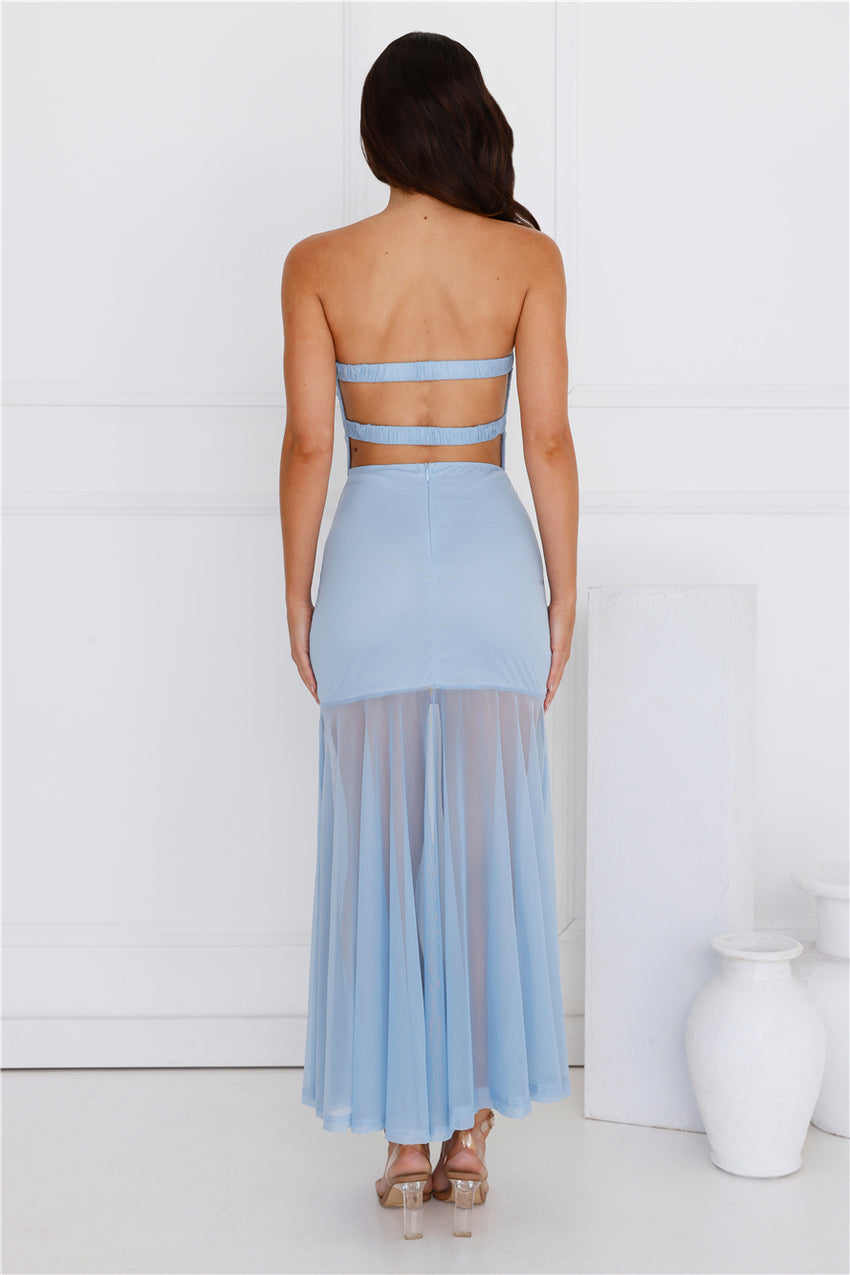 Misty Morning Magic Strapless Mesh Maxi Dress Blue