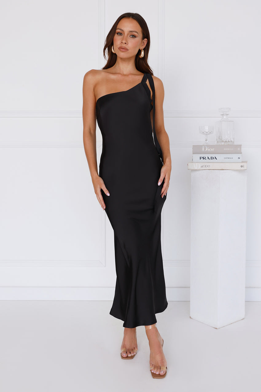 Black Tie Ballroom One Shoulder Satin Maxi Dress Black