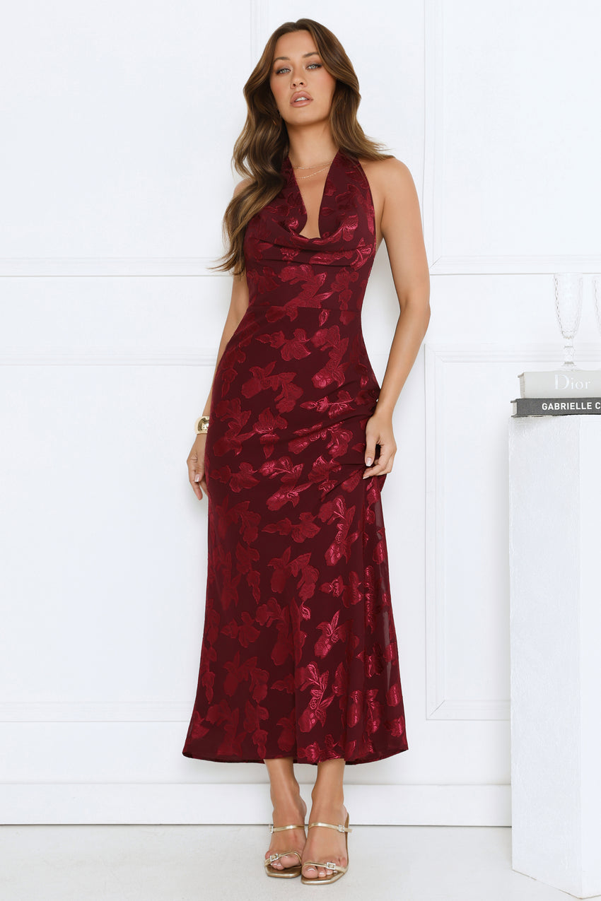 Where's My Tiara Halter Maxi Dress Burgundy