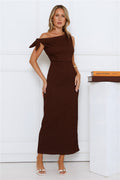 Polished Energy Off Shoulder Maxi Dress Brown