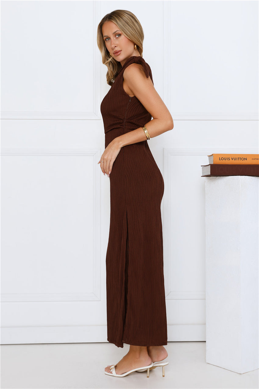 Polished Energy Off Shoulder Maxi Dress Brown
