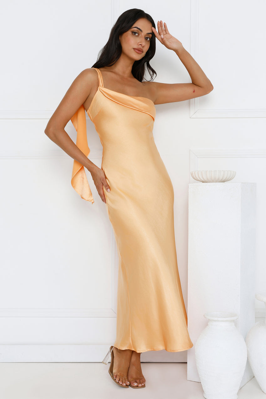 Romantic Tales Satin One Shoulder Maxi Dress Orange