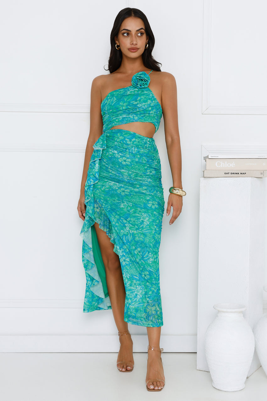 Secret Symphony One Shoulder Mesh Maxi Dress Green