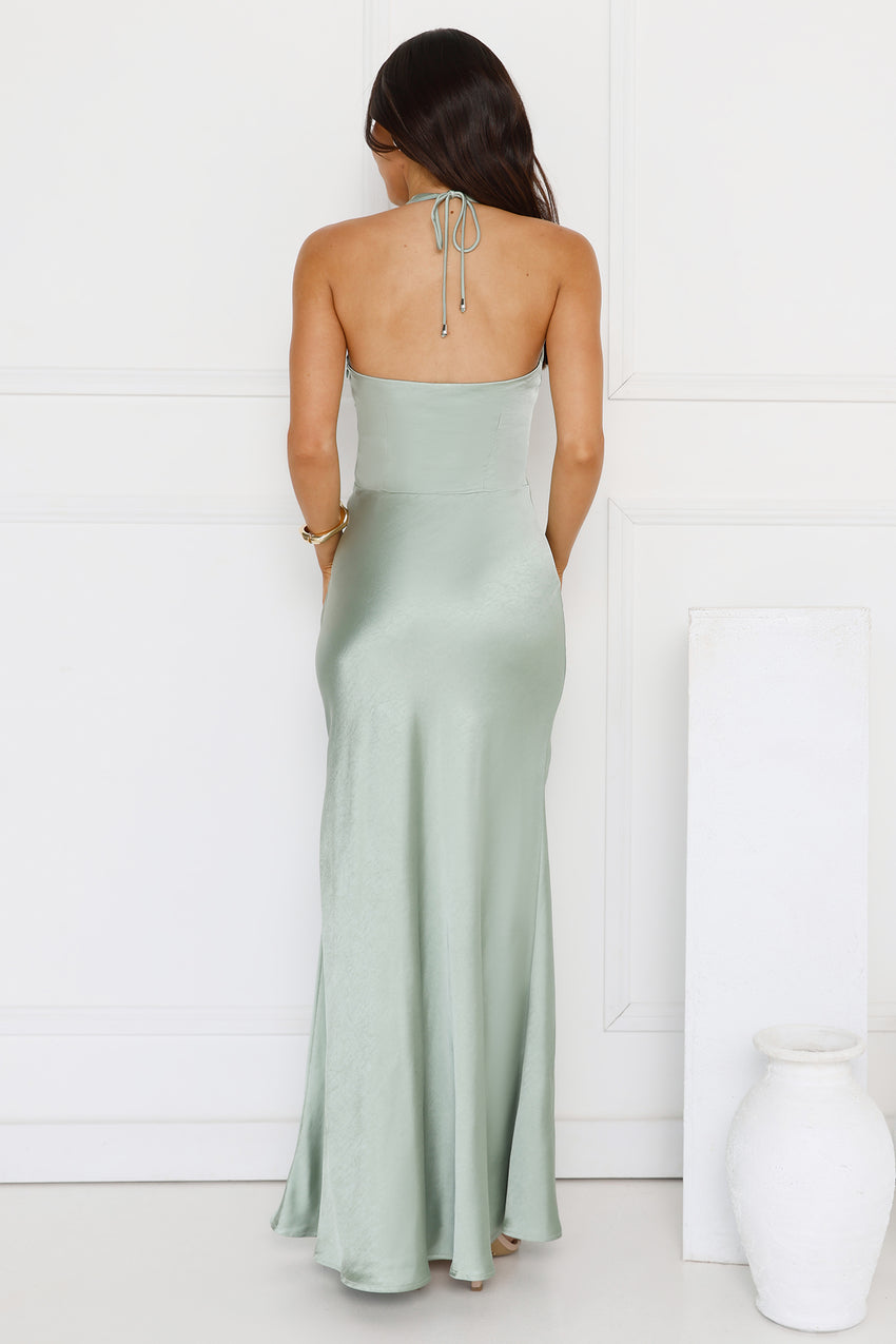 Spiced Sunset Satin Halter Maxi Dress Sage