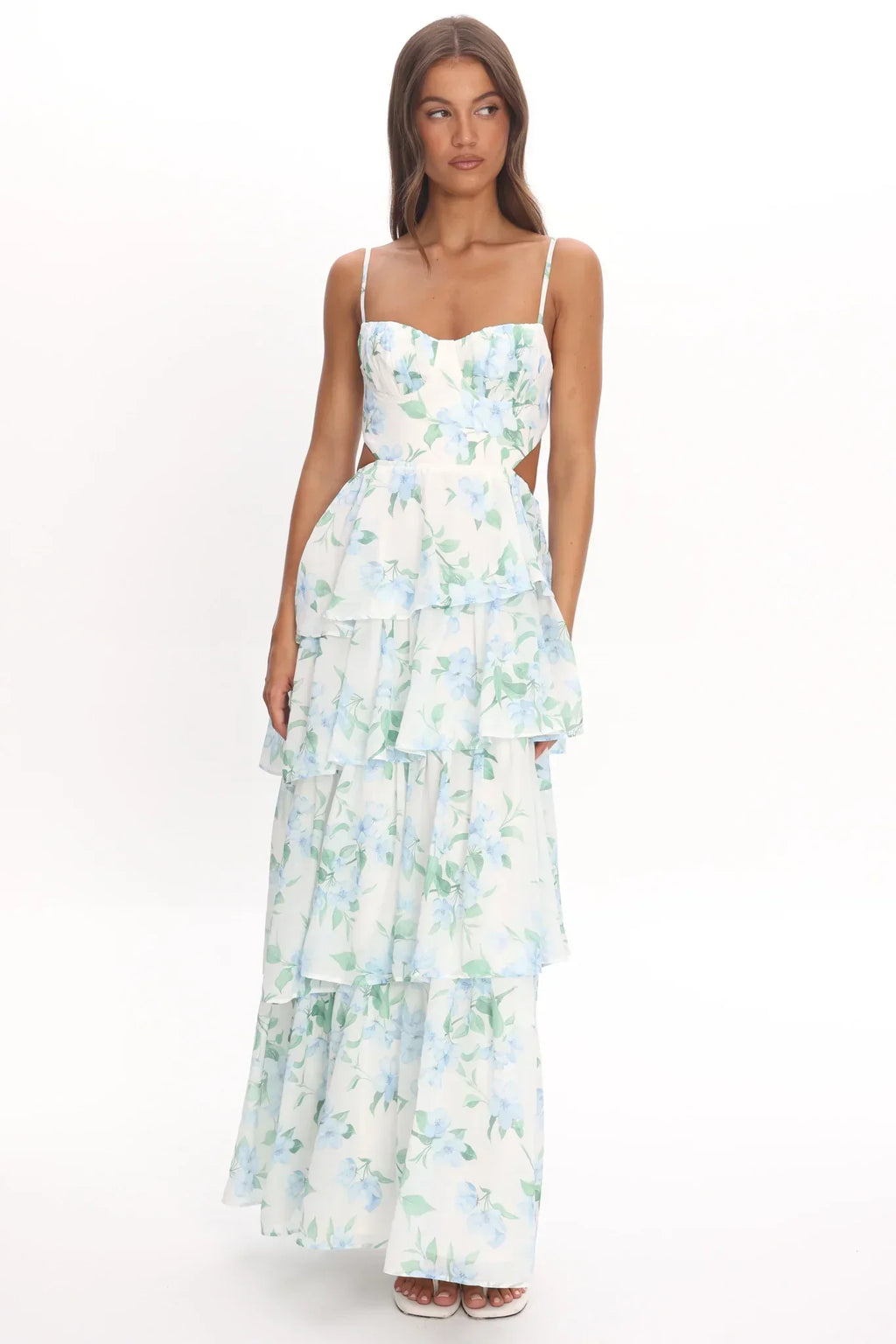 Vianne Tiered Cut-Out Maxi Dress Floral Blue