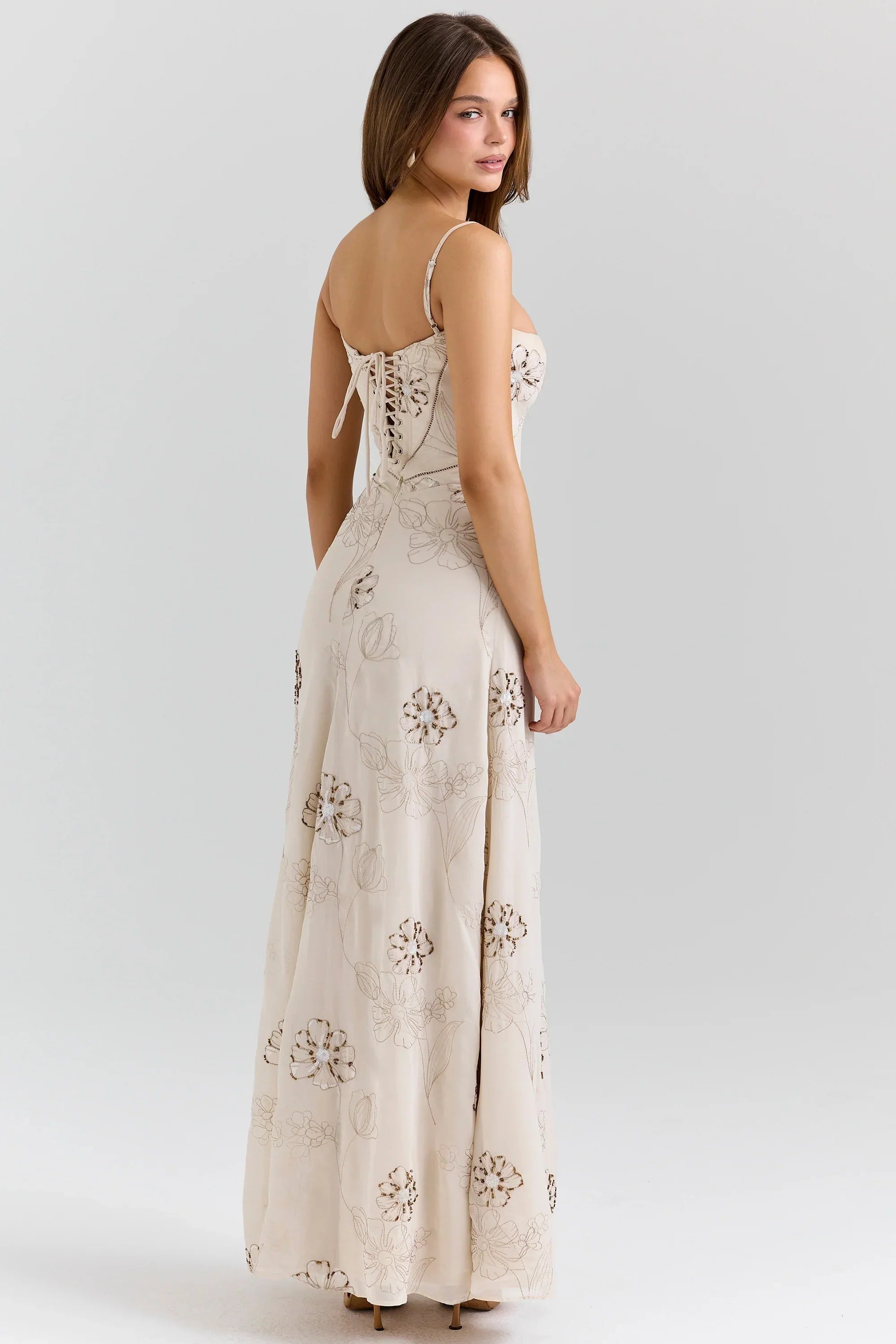 Vanilla Embroidered Hand Beaded Floral Maxi Dress