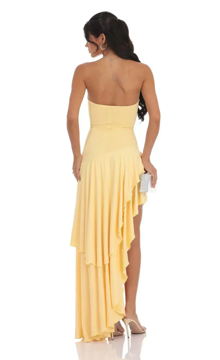 Strapless Ruffle Asymmetrical Maxi Dress In Yellow