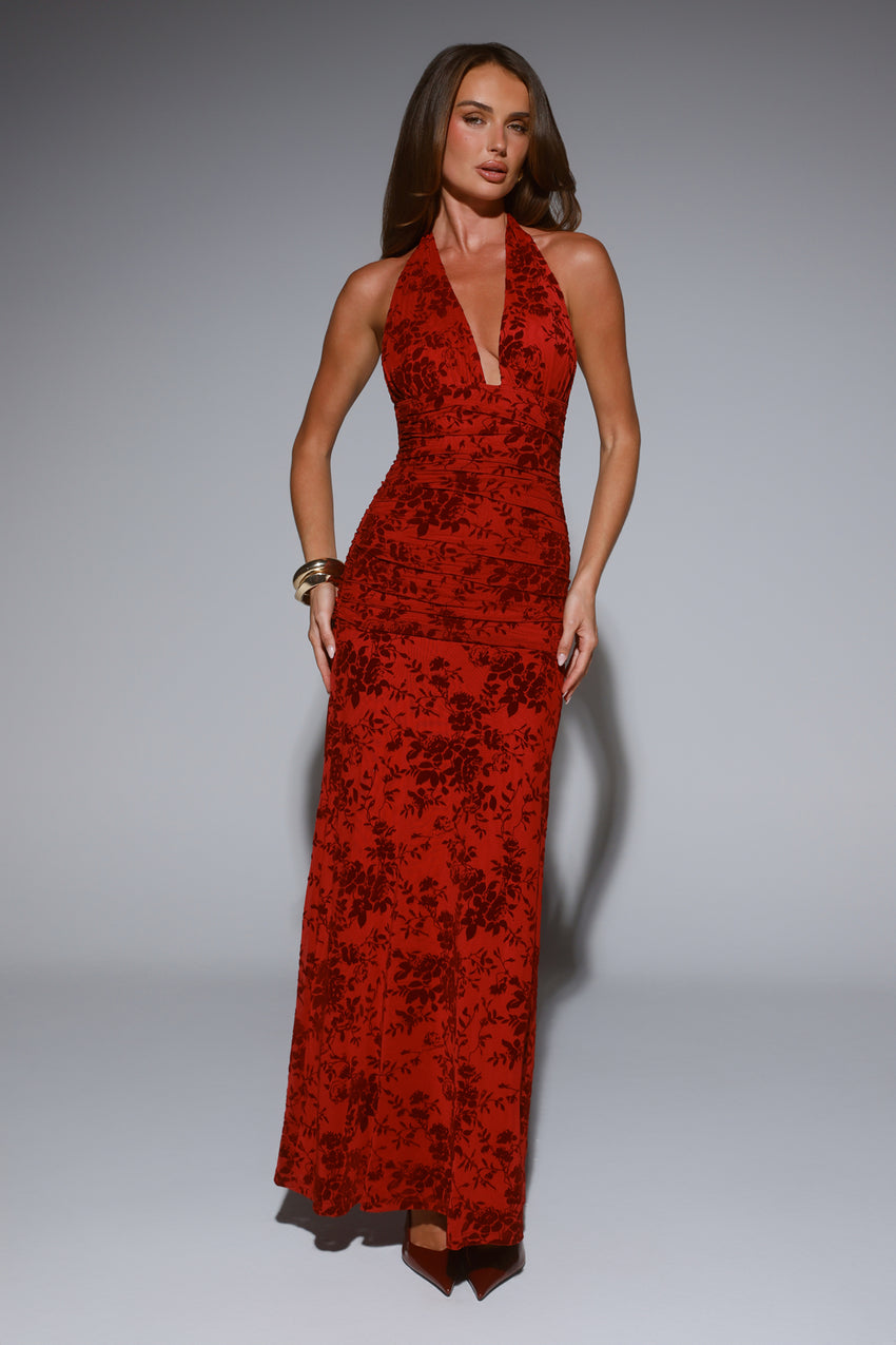 Dewy Whisper Halter Maxi Dress Wine