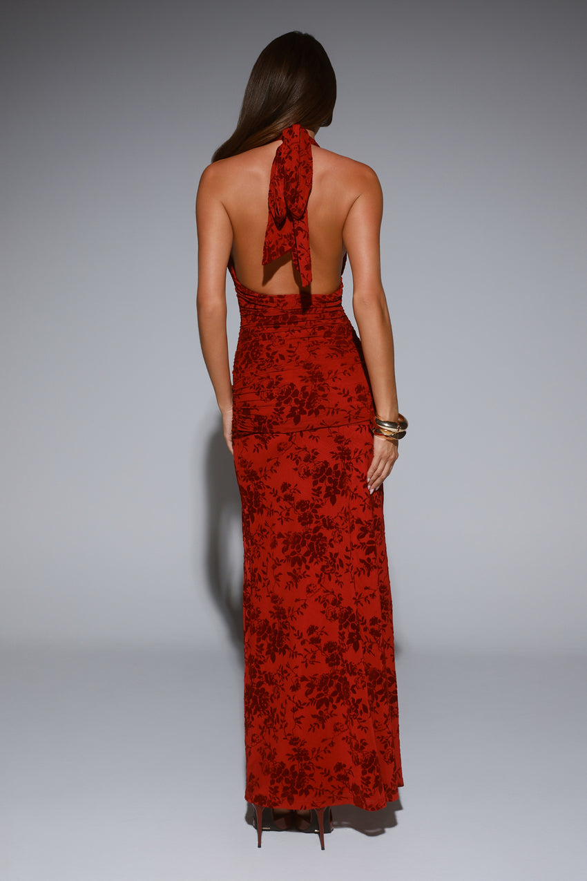 Dewy Whisper Halter Maxi Dress Wine