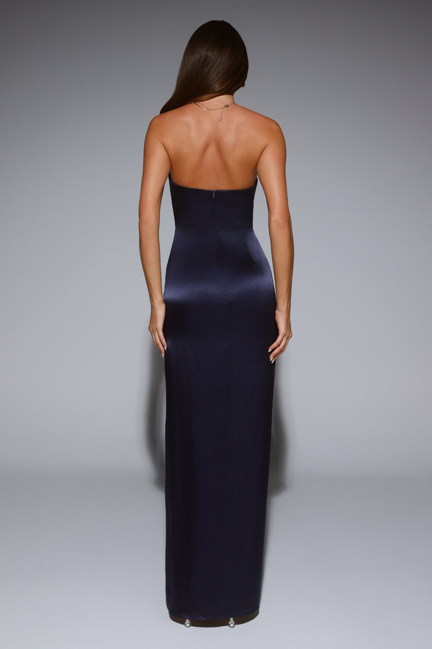 Sleek Aura Strapless Satin Maxi Dress Navy