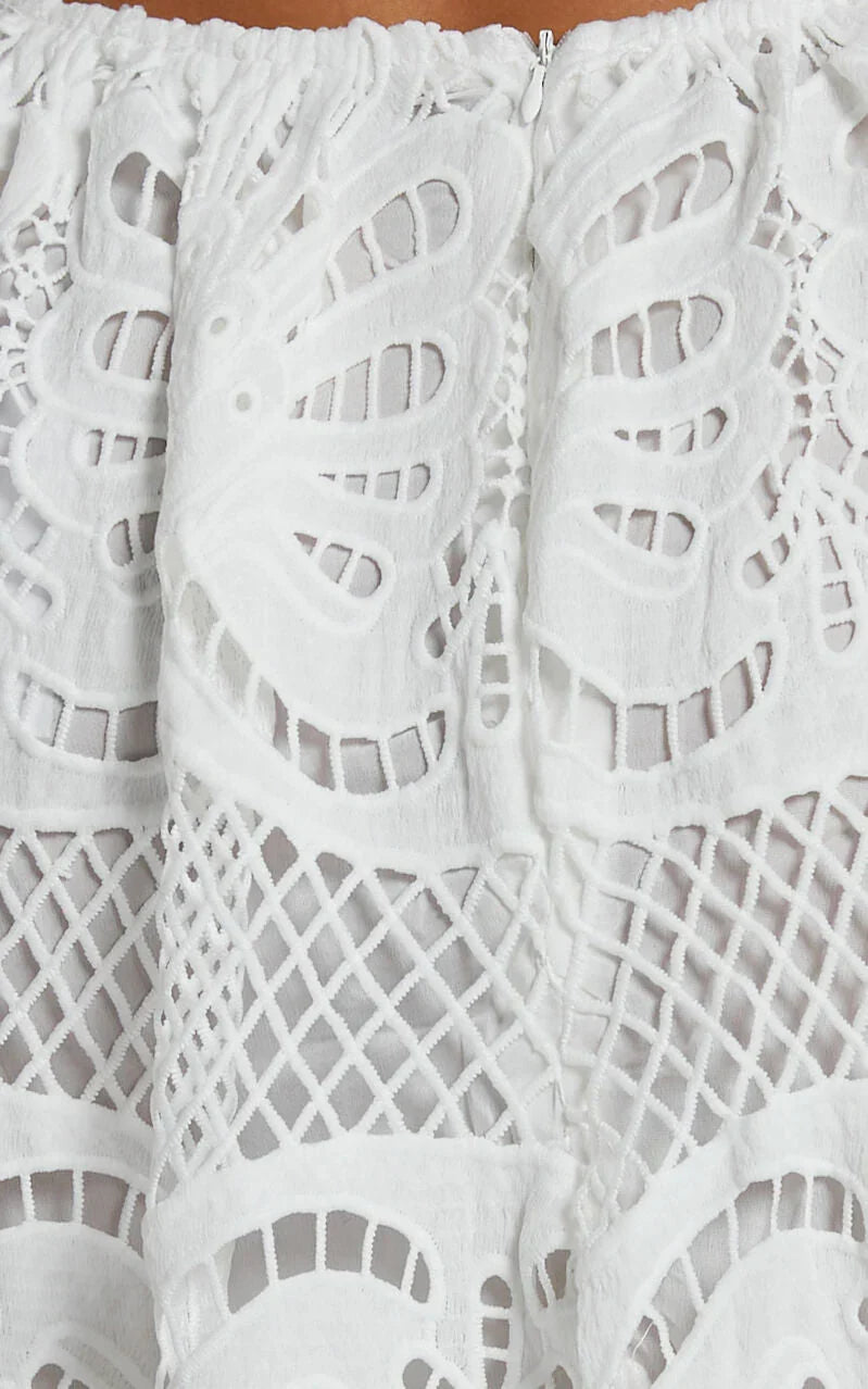 Anieshaya Midi Dress - V Neck Cut Out Lace Dress In White