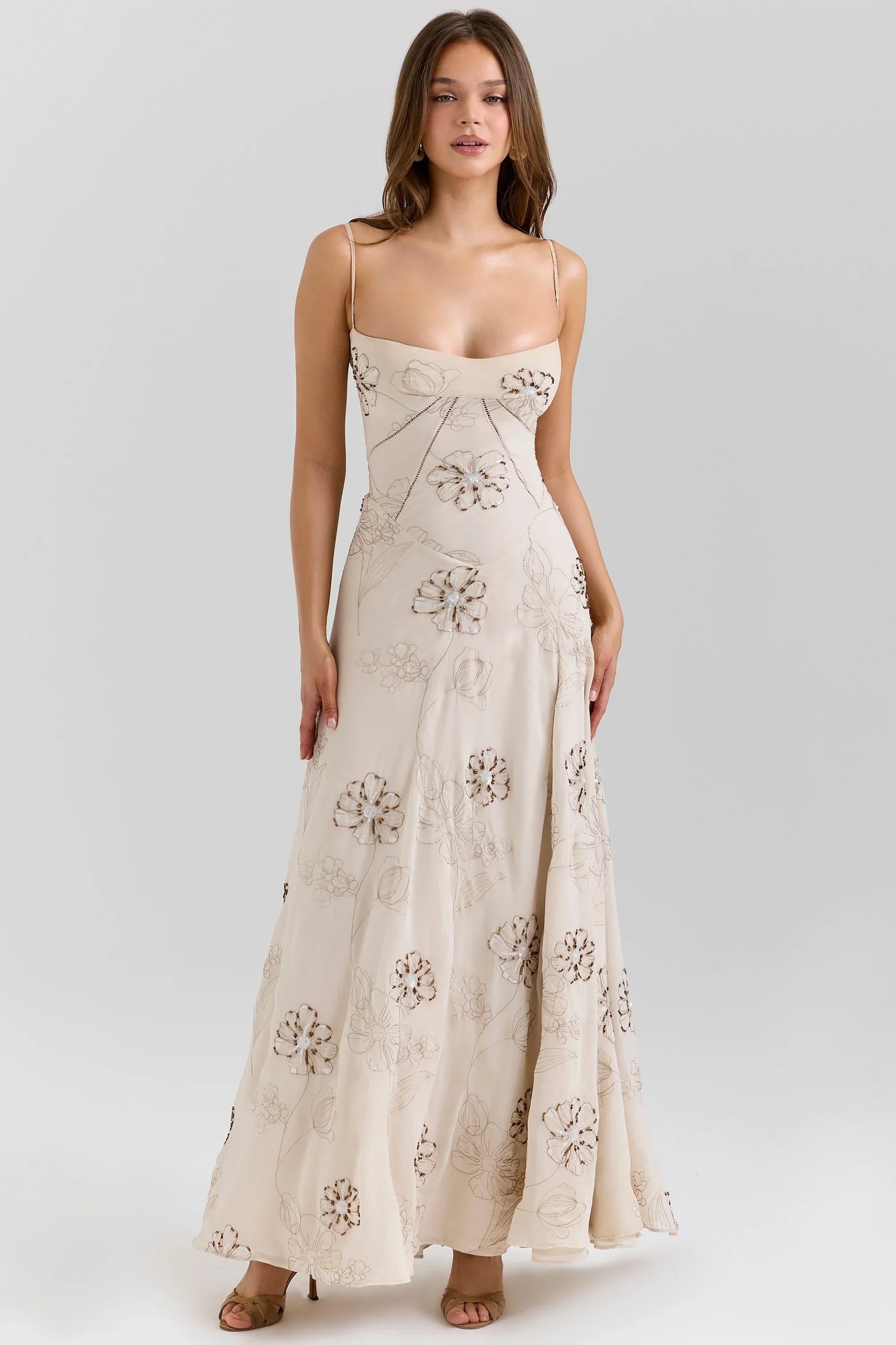 Vanilla Embroidered Hand Beaded Floral Maxi Dress