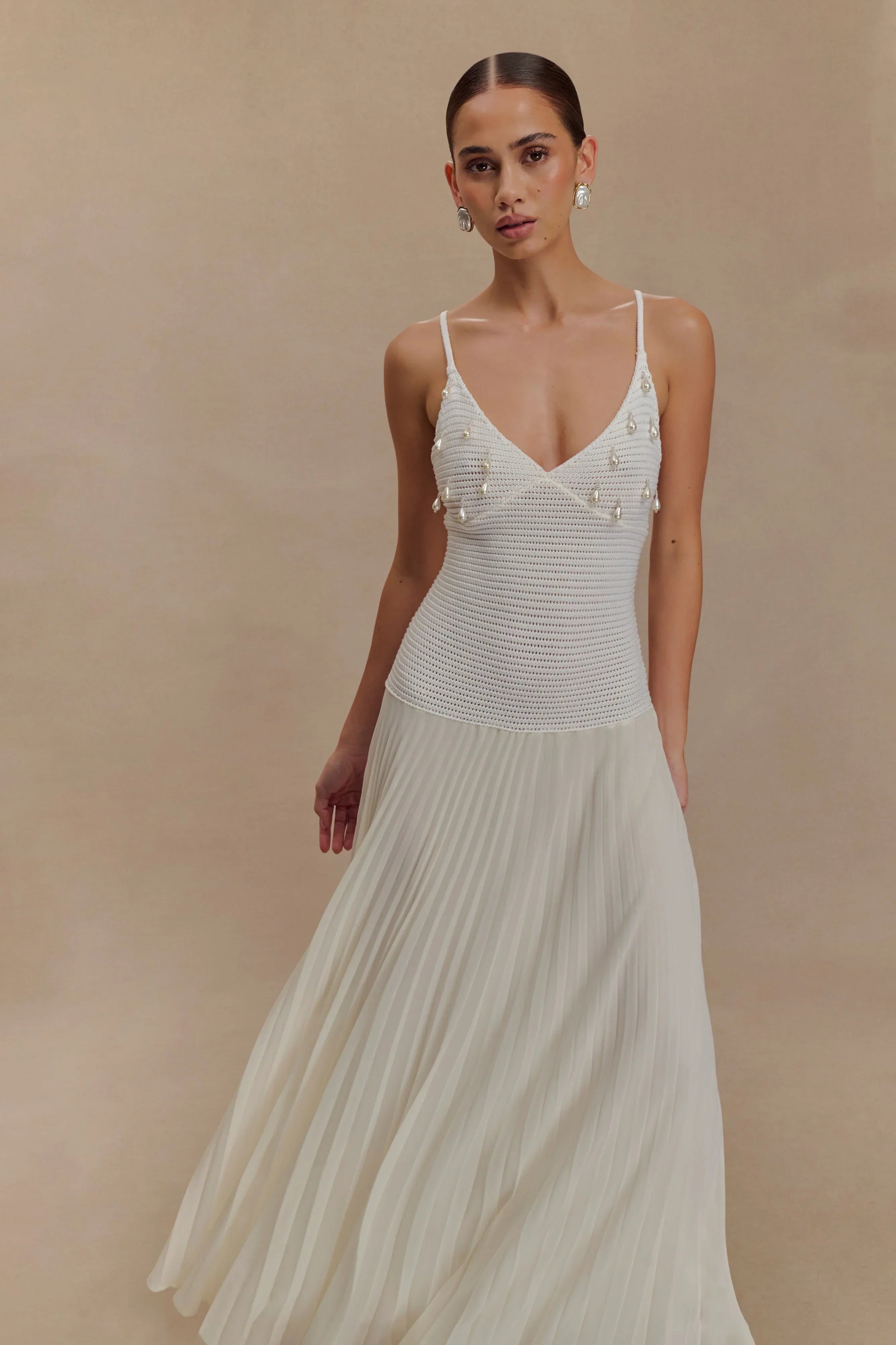Catherine Crochet Pearl Maxi Dress - White
