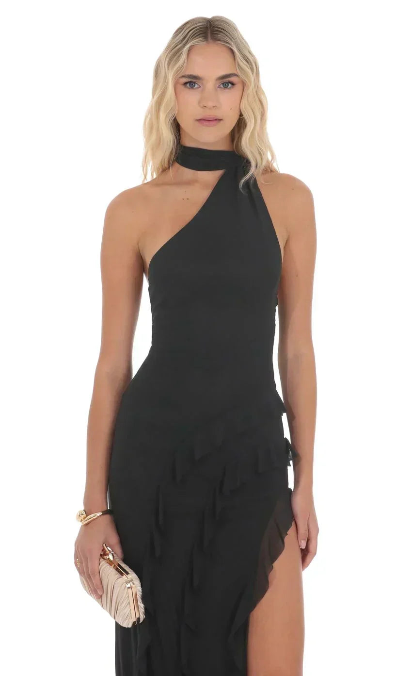 Mesh Halter Scarf Maxi Dress In Black