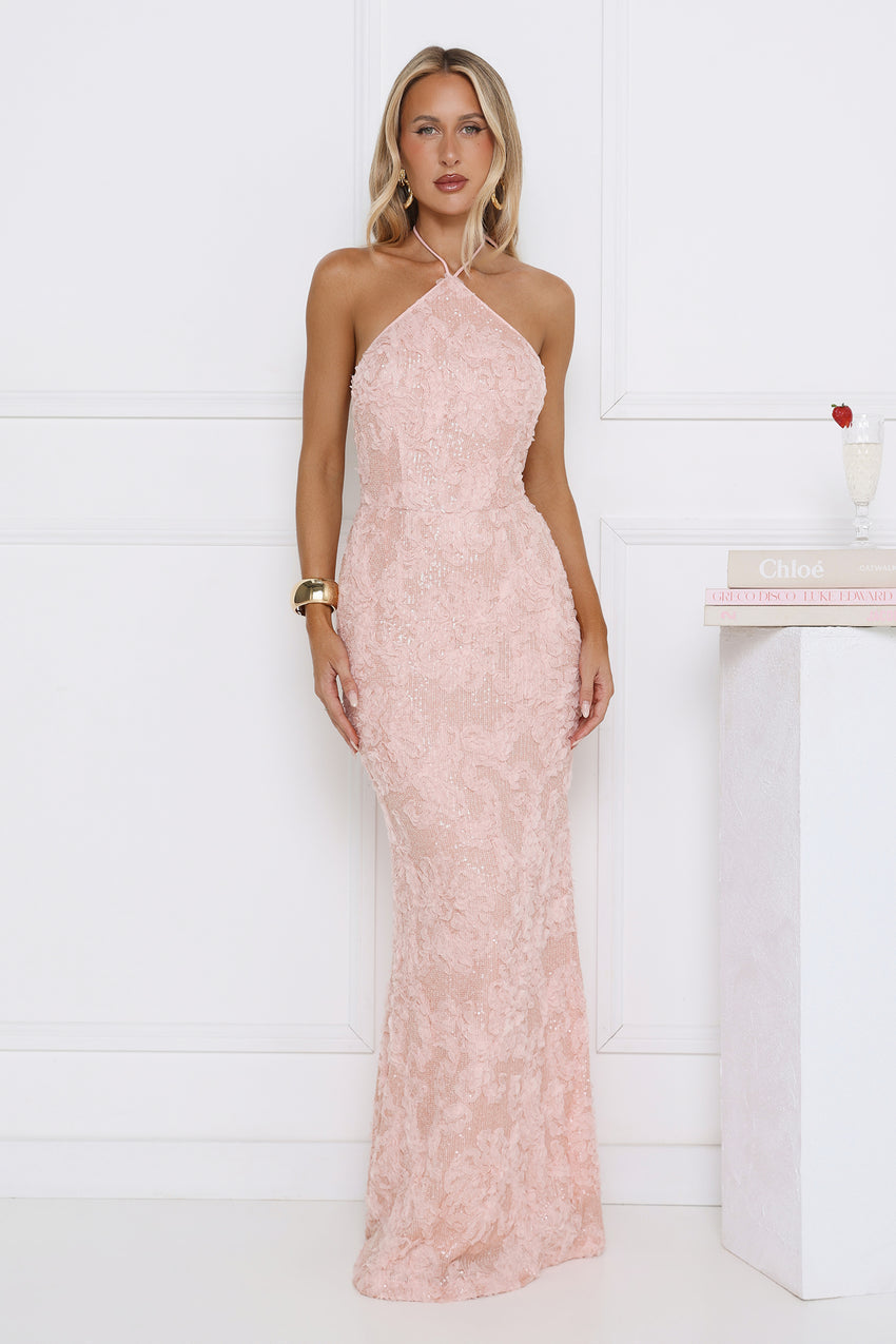 The Sparkling Muse Sequin Halter Maxi Dress Pink